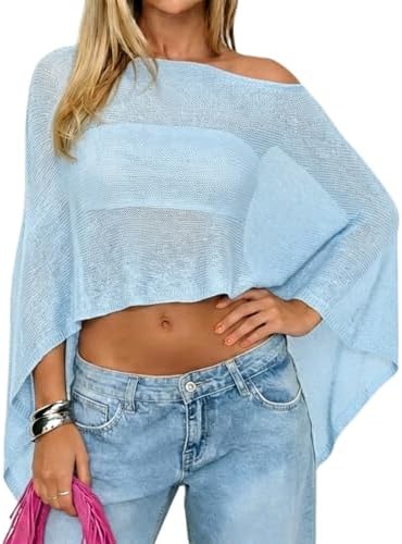 Women Sheer Poncho Top Knit Crochet Irregular Shrug Bolero Shawl Lightweight See Through Beach Cover Up
