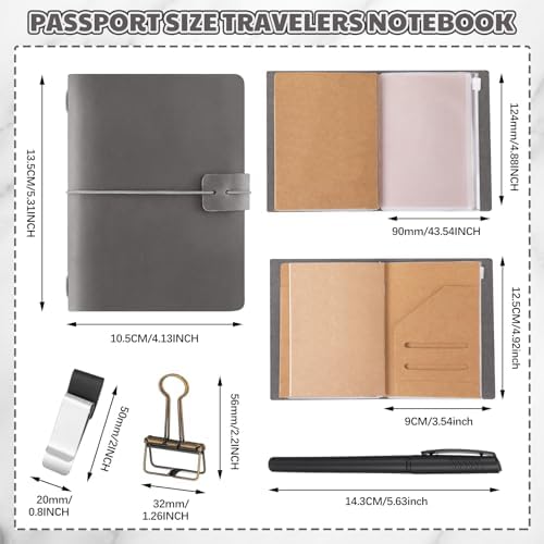 Thenshop Leather Travel Notebook 3 Inserts,Gray,Passport Size