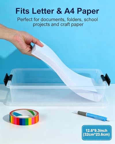 EOENVIVS 4 Pack Clear Storage Bins with Lids, Stackable A4 & US Letter File Box Organizers, Craft Storage Bins and Sensory Bins for Classroom, Kids Art Supplies, Documents and Projects, Black Latches