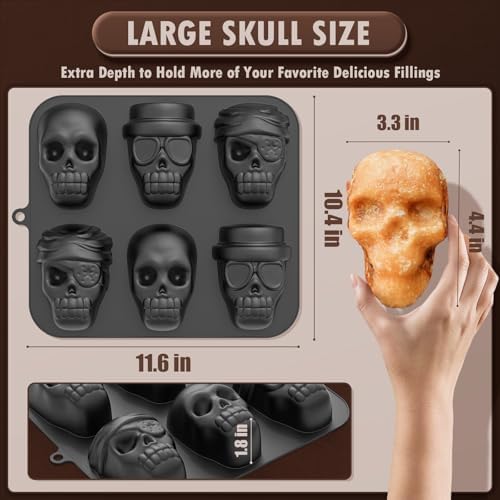 HKNMTT Halloween Silicone Molds for Baking Extra large, 6 Cavities 3D Skull Cake Pizza Soap Pan Molds, Nonstick Halloween Skeleton Mold for Ice Cupcake