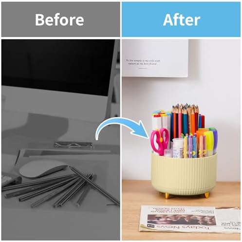 Marbrasse Desk Organizer, 360-Degree Rotating Pen Holder, Desk Organizers and Accessories with 5 Compartments Pencil Holder, Art Supply Storage Box Caddy for Office, Home (Yellow)