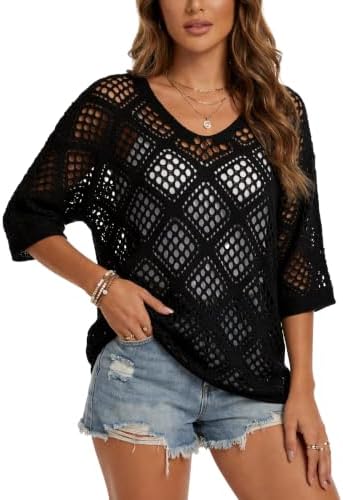 Womens Crochet Top Summer 3/4 Sleeve Cover Up V Neck Boho Tops
