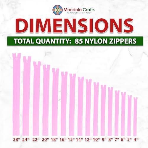 Mandala Crafts 85 PCs Pink Assorted Lengths Nylon Zippers for Sewing