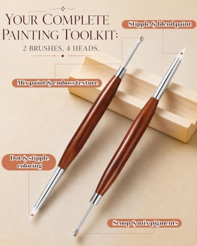 EORTA 2 Pack Double Ended Silicone Paint Brushes, Dual Tip Silicone Clay Sculpting Tools with Wooden Handle, Rubber Color Shapers for Resin, Pottery, Nail Art, Acrylic, Watercolor, Detail Blending