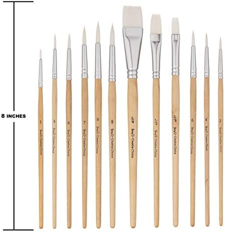 Jerry Q Art 12 PC White Synthetic Hair Round and Flat Paint Brush Set with Short Wood Handle for Acrylic, Watercolor and All Media JQ17931