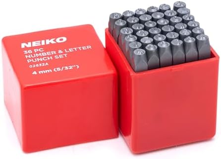 NEIKO 02632A Number and Letter Punch Set with Heat-Treated Steel Punches, Imprinting & Arts and Crafts, 5/32" (4 MM) Shaft, 36 Pc Stamp Set, Uppercase Letter & Number Punch Set (A-Z / 0-8 / "&")