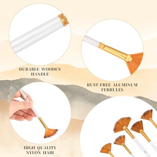 5 Pcs Fan Paint Brushes Set Acrylic Paint Brushes Set Professional Soft Anti-Shedding Nylon Hair Fan Paint Brush with Long Wood Handles for Acrylic Painting, Oil Watercolor Painting