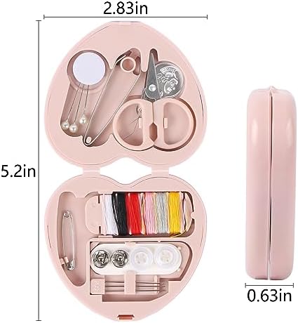 MIDELONG Heart Shaped Portable Travel Sewing Repair Kit - Mini Box with Threads, Scissors, DIY Hand Sewing Needles, Pink