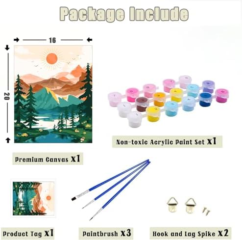 Yunnuo Landscape Paint by Numbers Kit for Adults Beginner, Sun & Mountain Paint by Number Canvas,Acrylic Abstract Paint with Numbers for with 3 Pcs Paintbrushes Home Wall Decor Gift (16 x 20 in)