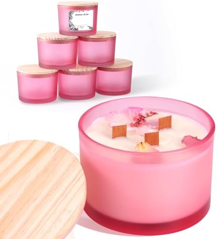 6 Pack Glass Candle Jars with Lids (16oz, Frosted Pink) - Large Candle Jars for 3 Wick Candles Making - Empty Candle Jars Containers - Candle Making Accessories Include 16Pcs Candle Labels