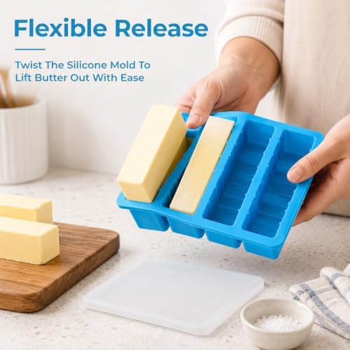 2Pcs Silicone Butter Mold with Lid, Non-Stick Silicone Butter Mold Tray with Scale Marking for Homemade Butter, Standard Size Mold for Soap Bar, Energy Bar, Cake, Chocolate (Blue)