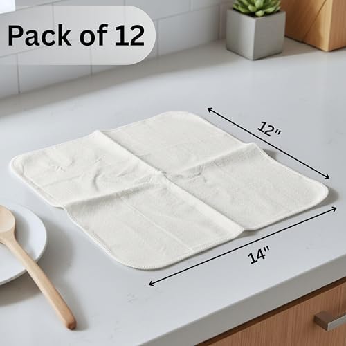 Flour Sack Shop Towels, Natural Cotton Cleaning Towels 14" x 12", Pack of 12 Reusable Absorbent Towels for Garage, Automotive, Workshop, Kitchen Cleaning, Polishing, Dusting & Multi-Purpose Use