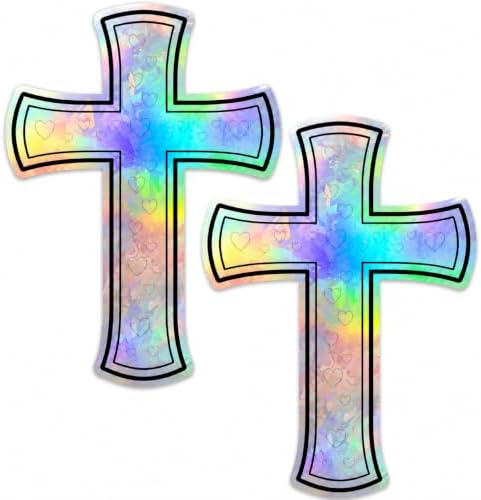 Christian Holographic Cross Car Decal, Prism Heart, 2 Pack