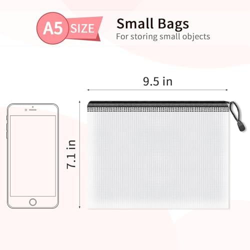 Umriox 12 Pack A5 Black Mesh Pouch Zipper Bags, Accessory Storage Organizer