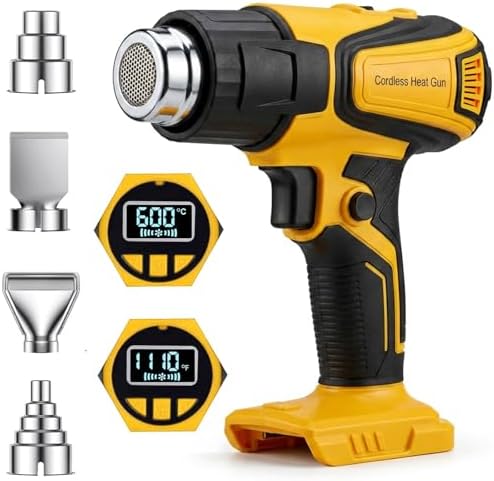 Cordless Heat Gun Compatible with Dewalt 20V Battery, 350W Fast Heating Portable Hot Air Gun with LCD Display, 2-Temp Setting 120-1112℉ 4 Nozzles for Crafts DIY (Tool Only, Not Made by Dewalt)