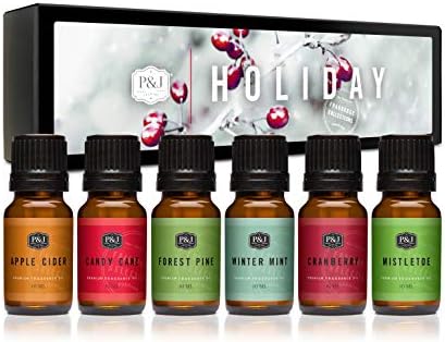 P&J Fragrance Oil Holiday Set for Christmas Home Decor | Mistletoe, Candy Cane, Wintermint, Apple Cider, Cranberry, and Forest Pine Candle Scents for Candle Making, Soap Making, Diffuser Oil Scent