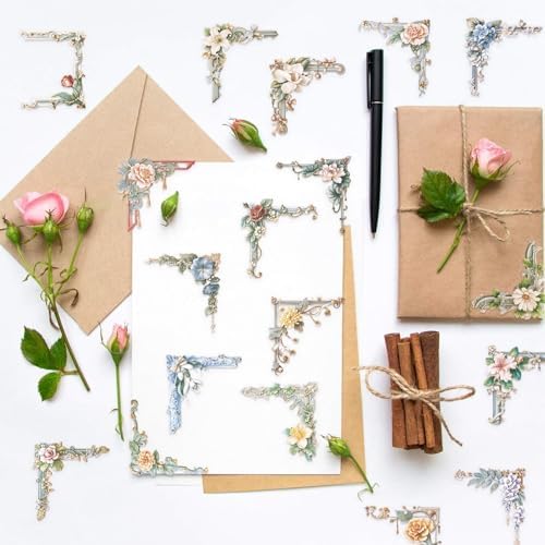 50PCS Vintage Flower Corner Stickers | Transparent Vintage Scrapbook Stickers for Planner, Card Making, Collage,Junk Journal ,Aesthetic Scrapbooking Supplies