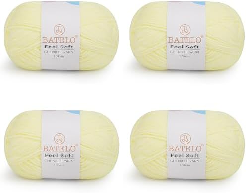 Thin Chenille Yarn for Crocheting & Knitting, Soft Plush Yarn for DIY Crafts, Amigurumi, Home Decor - 3 Light - 4 Pack of 1.7oz/142yds - Lemon Yellow