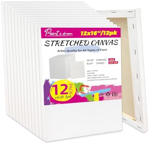 Stretched Canvas for Painting, 12Pack 12X16 Primed Canvas for Painting, 5/8" Profile Cotton Professional Artist Quality Blank Canvas, Ready to Paint, Art Supplies for Acrylic, Oil