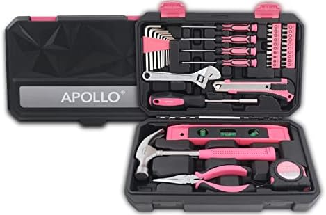 Apollo Tools 39 Piece General Household Tool Set in Toolbox Storage Case with Essential Hand Tools for Everyday Home Repairs, DIY and Crafts - Ribbon - Pink - DT9711P