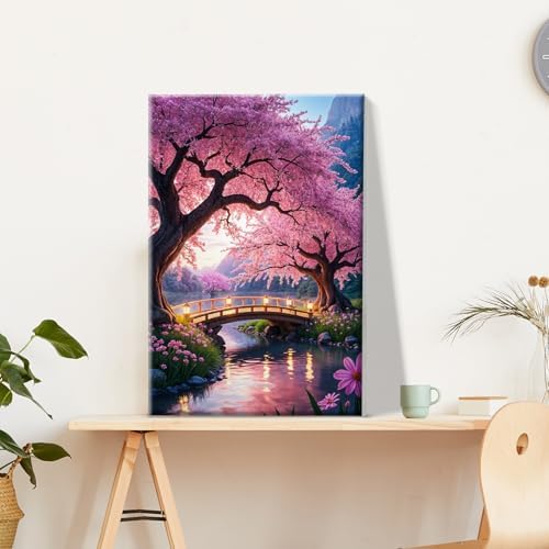 JOOZ Paint by Numbers Kit for Adults with Frame Sakura Paint by Number with Easel Tree Adult Paint by Number Kits Framed Canvas Mountain Waterfall Oil Painting Kits for Gift Home Wall Decor 8x12 Inch