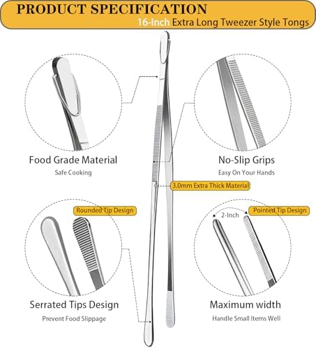 JETKONG 2 Pcs 16-Inch Kitchen Tweezers Extra Long Tweezer Tongs, Heavy Duty Stainless Steel Cooking Tweezers (Silver)