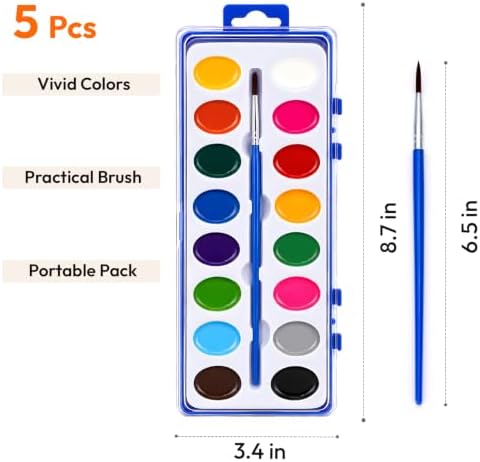 JEAWIWI 5 Pack Watercolor Paint Sets, 16 Washable Colors, with Brushes