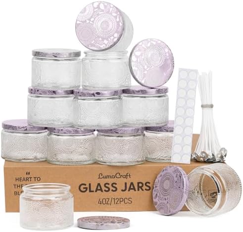LumaCraft Luxury Embossed Glass Candle Jars for Making Candles - 12 Pack Empty Candle Containers with Airtight Metal Lids, 20 Wicks & 20 Stickers, Colored Glass Jars for Gifts & Decor-4oz