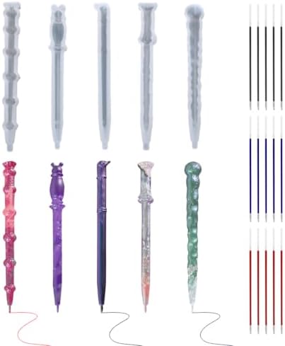 5pcs Pen Resin Mold + 15pcs Refills, Ballpoint Pen Silicone Molds, Epoxy Casting Mold, Irregular Ballpoint Mould for DIY Pen Craft and Teacher Student School Present Art