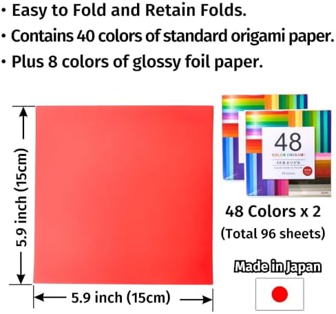 Japanese Origami Paper Includes Metallic Foil Type, 48 Colors (96 Sheets)