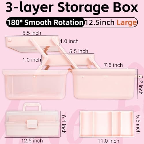 TERGOO 12.5in 3-Layer Multipurpose Craft Organizers and Storage with Adjustable Dividers, Portable Tackle Box, Folding Art & Craft Case for Medicine, Tool, Sewing Organizer (Pink)