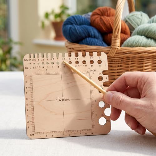 1 Pcs Wooden Knitting Gauge Ruler, 15CM/5.9 Inch Multi-functional Needle Sizer, Stitch Counter Spinner & Yarn Measuring Tool, Precise Size Marker Square Craft Accessory for Knitting Crochet DIY Crafts