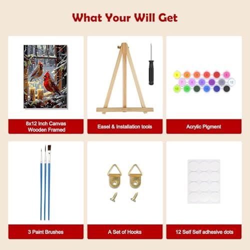 MOGTAA Christmas Cardinal Paint by Numbers Kit for Adults Beginners with Frame, Winter Adult Paint by Number Kits on Canvas with Easel, Easy DIY Candle Oil Painting Kits for Home Decor, 8x12in