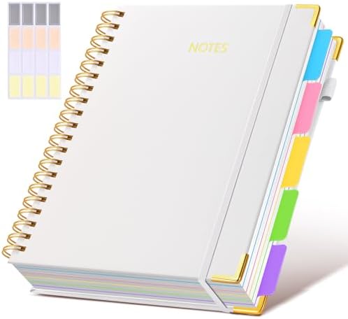 Hardcover Spiral Notebook 8.5"x11" Journal with Removable Dividers Tabs, 300 Pages Leather 5 Subject Notebook College Ruled, Large Notebooks for Work School, Lined Journal for Women, A4 White