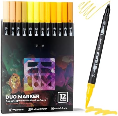 ZSCM QUALITY DECIDES THE FUTURE Yellow Duo Tip Marker Pens, 12 Fine & Brush Tip Pen For Adult Coloring Books