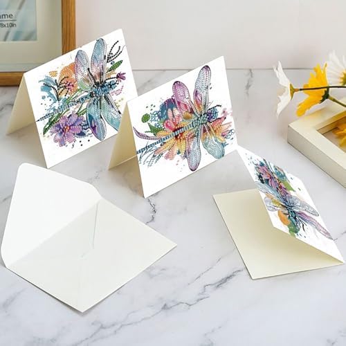AiYuanzsh 6 Pack Diamond Art Greeting Card Kits with Envelope – Dragonfly Design Floral Crystal Rhinestone Birthday & Holiday Cards, DIY Postcards for Christmas, Thanksgiving, and Gifts