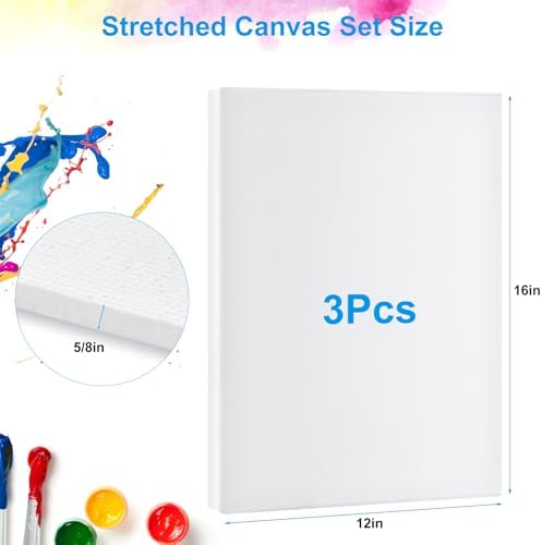 Stretched Canvas for Painting 12 x 16 Inch, 3 Pack Blank Canvas, Triple Primed Acid-Free Cotton, Canvas for Acrylic Oil Pouring & Wet Media