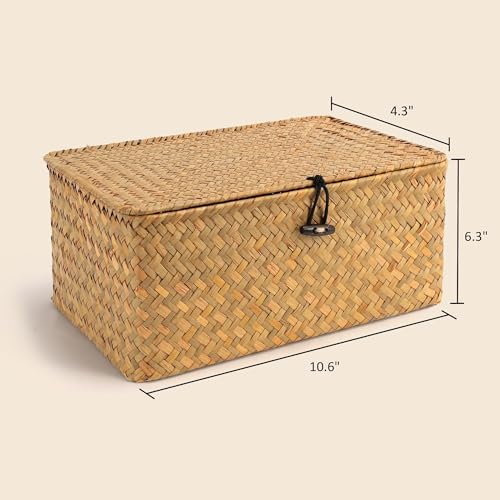 Nonam Small Wicker Basket with Lid,Seagrass Shelf Storage Basket,Natural