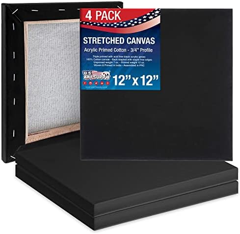 U.S. Art Supply 12"x12" Black Stretched Canvas for Painting, 3/4", 4-Pack