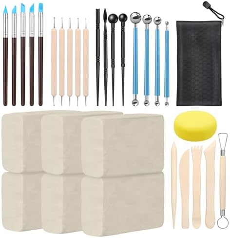 ZEHIQ White Air Dry Clay 6.6 lbs with 25pcs Pottery Sculpting Tools Set | Natural Modeling Clay, Pottery Wheel & Hand Building, DIY Craft Projects, Perfect for Beginners and Professional artists