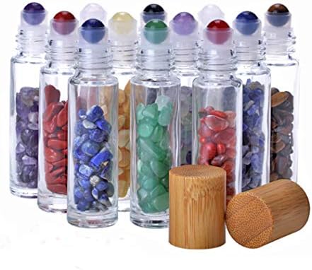 5 Pack 10ml Clear Roll On Bottles With Natural Chakra Crystal Chips for Essential Oils,Perfume Glass Roller Bottles Container Bamboo Lid,Crystal Roller,Pipette&Opener Included (Tiger Eye)