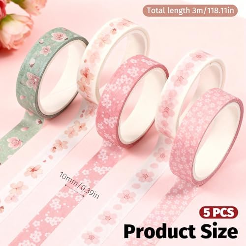 5 Rolls Sakura Washi Tape Set Floral Decorative Tapes Cute Flowers Patterns Tape Japanese Arts Adhesive Tapes Modern Arts Masking Tapess for Art DIY Crafts Journals Scrapbooking Wrapping