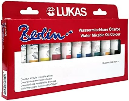 Lukas Berlin Pro Artists Water Mixable Oil Paint Set of 10 (20mL) Selection Set of 10-20 ml Tubes, Water Soluble, Lightfast Pigments, Quick Drying, Easy Clean-Up, Eco-Friendly, Professional Quality