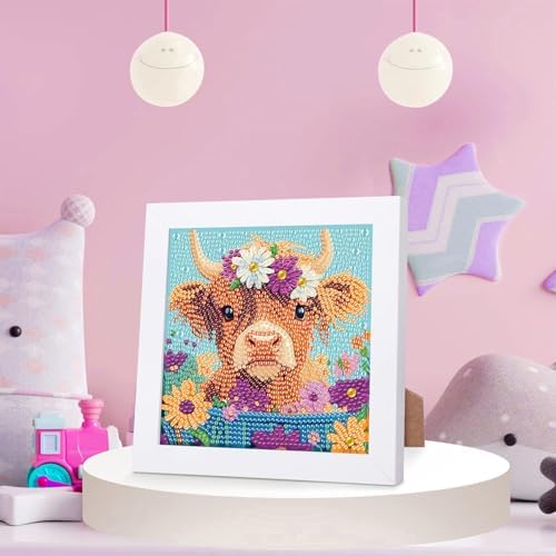 Highland Cow Diamond Art Painting Kits for Kids with Frame Ages 4-8-12