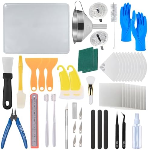 52 Pcs Resin 3D Printing Tool Kit with 304 Stainless Steel Resin Filter Funnel，Silicone Pad, Scraper，Tweezers & Cleaning Tools | Accessories for Model Removal, Resin Recycling & Post-Processing