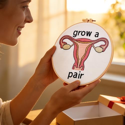 Hand Embroidery Kits for Beginners Adults, Grow a Pair Uterus Embroidery DIY Kit, Stamped Cross Stitch Kits for Beginners Adult Craft Kits for Women, Entire Set of Embroidery Supplies & Video Tutorial