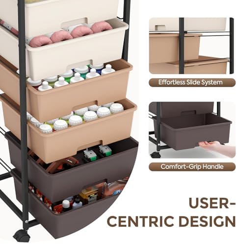 6 Drawer Rolling Storage Cart with Wooden Top and Wheels for Crafts,Brown