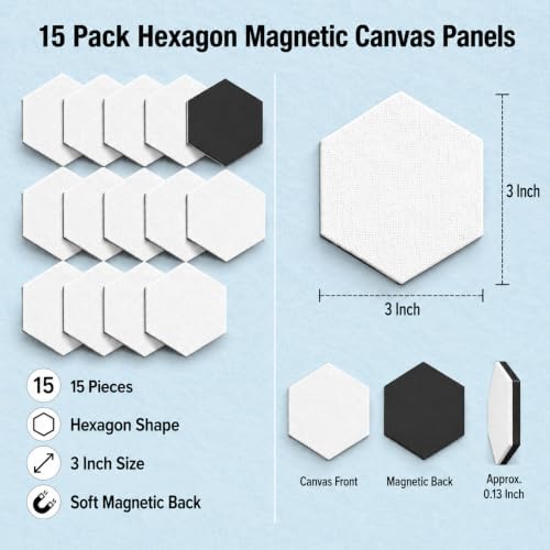 15 Pack Hexagon Magnetic Canvas Panels, 3 Inch Mini Painting Boards