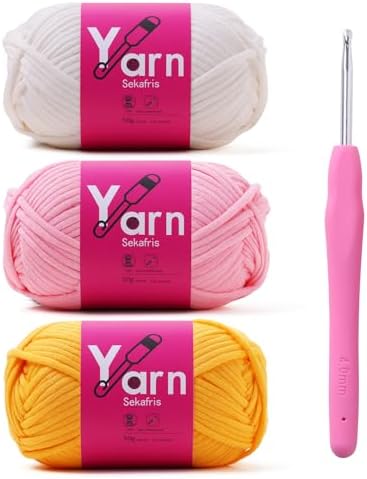 Crochet Yarn 150g/163.5yds Cotton - Chunky Yarn for Crocheting and Knitting - Easy-to-See Stitches - Golden Yellow, White, Pink