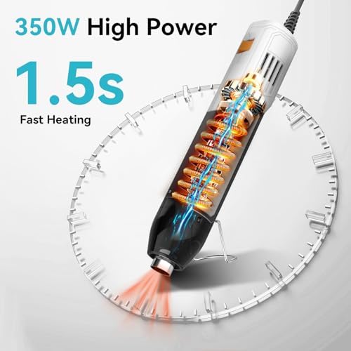 DELI Mini Heat Gun, 350W Dual Temp 500℉/842℉ (260℃/450℃) with Reflector & Extra Nozzles, 6 FT Cable, Overload Protection – for Crafting, Vinyl Wrap, Epoxy, Resin, Shrink Tubing